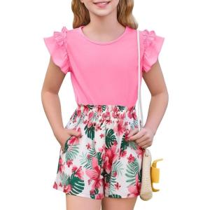 Haloumoning Girls 2 Piece Summer Outfits Clothes Ruffle Short Sleeve Shirts and High Waist Paper Bag Shorts Sets with Pockets(Light Pink)