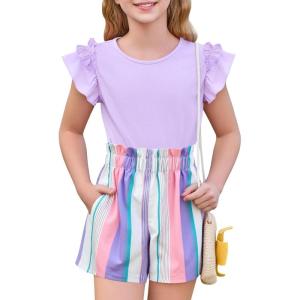 Haloumoning Girls 2 Piece Summer Outfits Clothes Ruffle Short Sleeve Shirts and High Waist Paper Bag Shorts Sets with Pockets(Lilac)