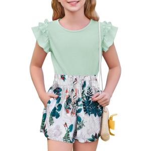 Haloumoning Girls 2 Piece Summer Outfits Clothes Ruffle Short Sleeve Shirts and High Waist Paper Bag Shorts Sets with Pockets(Mint Green)