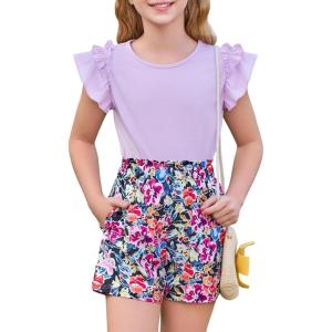 Haloumoning Girls 2 Piece Summer Outfits Clothes Ruffle Short Sleeve Shirts and High Waist Paper Bag Shorts Sets with Pockets(Purple)