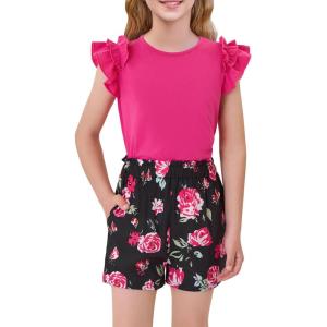 Haloumoning Girls 2 Piece Summer Outfits Clothes Ruffle Short Sleeve Shirts and High Waist Paper Bag Shorts Sets with Pockets(Rose Red)