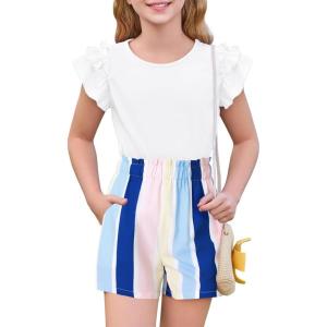 Haloumoning Girls 2 Piece Summer Outfits Clothes Ruffle Short Sleeve Shirts and High Waist Paper Bag Shorts Sets with Pockets(White)