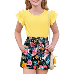 Haloumoning Girls 2 Piece Summer Outfits Clothes Ruffle Short Sleeve Shirts and High Waist Paper Bag Shorts Sets with Pockets(Yellow)
