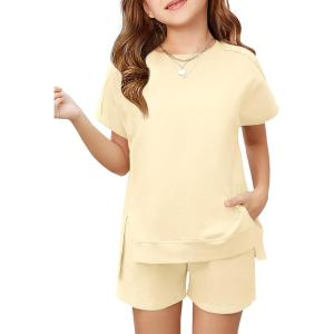 Haloumoning Girls 2 Piece Summer Outfits Kids Short Sleeve T-Shirts and Elastic Waist Shorts Clothing Sets(Beige)