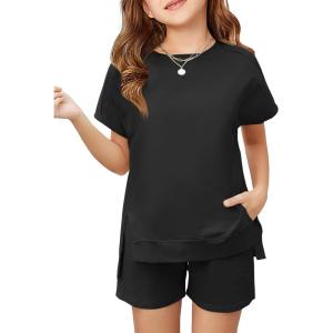 Haloumoning Girls 2 Piece Summer Outfits Kids Short Sleeve T-Shirts and Elastic Waist Shorts Clothing Sets(Black)