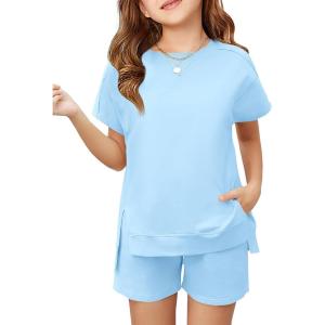 Haloumoning Girls 2 Piece Summer Outfits Kids Short Sleeve T-Shirts and Elastic Waist Shorts Clothing Sets(Blue)