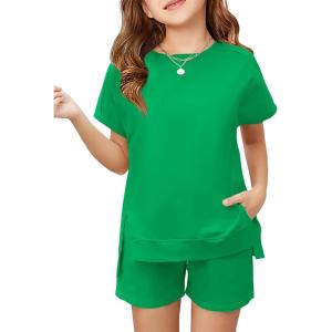 Haloumoning Girls 2 Piece Summer Outfits Kids Short Sleeve T-Shirts and Elastic Waist Shorts Clothing Sets(Green)