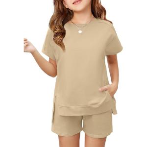 Haloumoning Girls 2 Piece Summer Outfits Kids Short Sleeve T-Shirts and Elastic Waist Shorts Clothing Sets(Khaki)