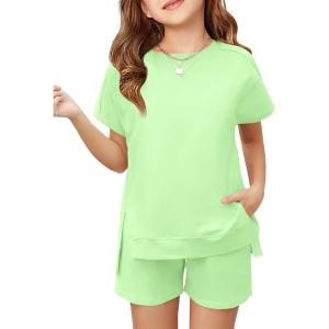 Haloumoning Girls 2 Piece Summer Outfits Kids Short Sleeve T-Shirts and Elastic Waist Shorts Clothing Sets(Light Green)