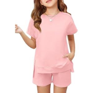 Haloumoning Girls 2 Piece Summer Outfits Kids Short Sleeve T-Shirts and Elastic Waist Shorts Clothing Sets(Light Pink)