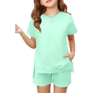 Haloumoning Girls 2 Piece Summer Outfits Kids Short Sleeve T-Shirts and Elastic Waist Shorts Clothing Sets(Mint Green)