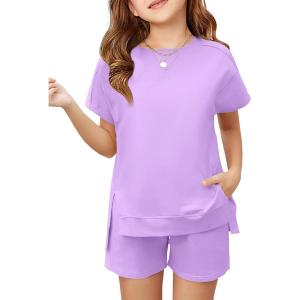 Haloumoning Girls 2 Piece Summer Outfits Kids Short Sleeve T-Shirts and Elastic Waist Shorts Clothing Sets(Purple)