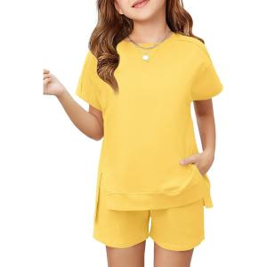 Haloumoning Girls 2 Piece Summer Outfits Kids Short Sleeve T-Shirts and Elastic Waist Shorts Clothing Sets(Yellow)