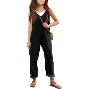Haloumoning Girls’ Denim Overall Jumpsuits Sleeveless V Neck Adjustable Straps Jeans Pants Jumpers with Pockets(Black)