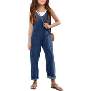 Haloumoning Girls’ Denim Overall Jumpsuits Sleeveless V Neck Adjustable Straps Jeans Pants Jumpers with Pockets(Blue)