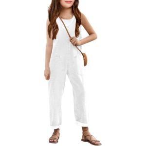 Haloumoning Girls’ Denim Overall Jumpsuits Sleeveless V Neck Adjustable Straps Jeans Pants Jumpers with Pockets(White)