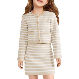 Haloumoning Girls Fall 2 Piece Outfits Striped Button Down Cardigan and Skirt Sets with Pockets 5-14 Years(Beige)