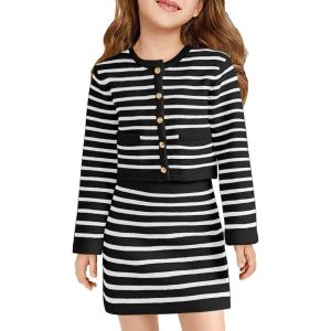 Haloumoning Girls Fall 2 Piece Outfits Striped Button Down Cardigan and Skirt Sets with Pockets 5-14 Years(Black)