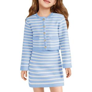 Haloumoning Girls Fall 2 Piece Outfits Striped Button Down Cardigan and Skirt Sets with Pockets 5-14 Years(Blue)