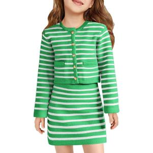 Haloumoning Girls Fall 2 Piece Outfits Striped Button Down Cardigan and Skirt Sets with Pockets 5-14 Years(Green)