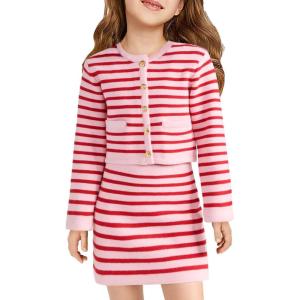Haloumoning Girls Fall 2 Piece Outfits Striped Button Down Cardigan and Skirt Sets with Pockets 5-14 Years(Pink)