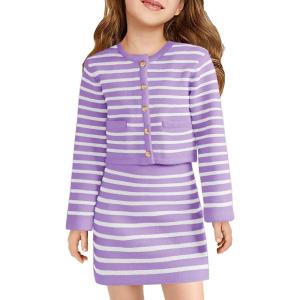 Haloumoning Girls Fall 2 Piece Outfits Striped Button Down Cardigan and Skirt Sets with Pockets 5-14 Years(Purple)