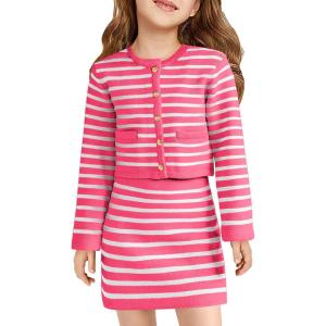 Haloumoning Girls Fall 2 Piece Outfits Striped Button Down Cardigan and Skirt Sets with Pockets 5-14 Years(Rose Red)