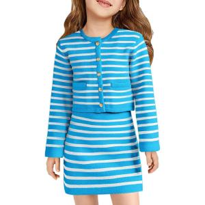 Haloumoning Girls Fall 2 Piece Outfits Striped Button Down Cardigan and Skirt Sets with Pockets 5-14 Years(Royal Blue)