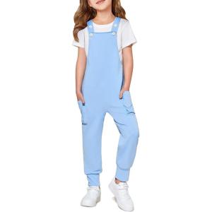 Haloumoning Girls Overalls Kids Casual Sleeveless Jumpsuits Harem Pants Rompers with Pockets 5-14 Years(Blue)