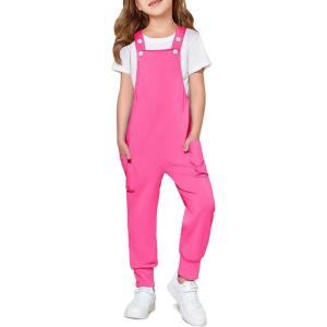 Haloumoning Girls Overalls Kids Casual Sleeveless Jumpsuits Harem Pants Rompers with Pockets 5-14 Years(Hot Pink)