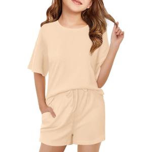 Haloumoning Girls Summer 2 Piece Outfits Kids Oversized T Shirts and Shorts Clothing Sets 5-14 Years(Beige)
