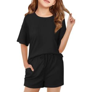 Haloumoning Girls Summer 2 Piece Outfits Kids Oversized T Shirts and Shorts Clothing Sets 5-14 Years(Black)