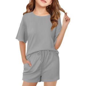 Haloumoning Girls Summer 2 Piece Outfits Kids Oversized T Shirts and Shorts Clothing Sets 5-14 Years(Grey)