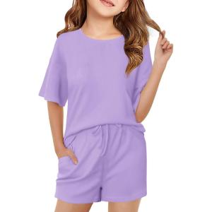 Haloumoning Girls Summer 2 Piece Outfits Kids Oversized T Shirts and Shorts Clothing Sets 5-14 Years(Purple)