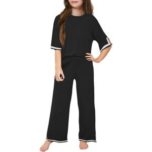 Haloumoning Girls Two Piece Outfits Kids Fashion Short Sleeve Sweater Tops and Wide Leg Pants Set 5-14 Years(Black)