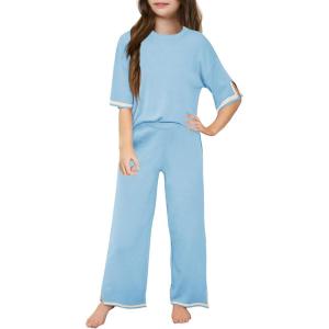 Haloumoning Girls Two Piece Outfits Kids Fashion Short Sleeve Sweater Tops and Wide Leg Pants Set 5-14 Years(Blue)