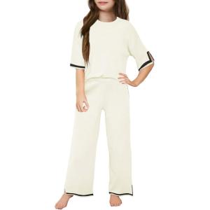 Haloumoning Girls Two Piece Outfits Kids Fashion Short Sleeve Sweater Tops and Wide Leg Pants Set 5-14 Years(Off-white)