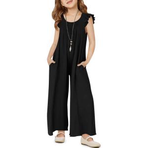 Haloumoning Girls Wide Leg Loose Jumpsuit Kids Casual Ruffle Sleeve Round Neck Romper with Pockets 5-14 Years(Black)