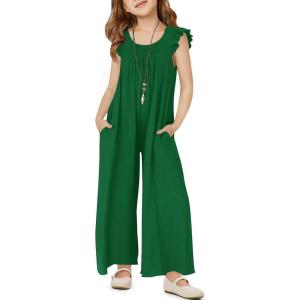 Haloumoning Girls Wide Leg Loose Jumpsuit Kids Casual Ruffle Sleeve Round Neck Romper with Pockets 5-14 Years(Dark Green)