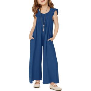 Haloumoning Girls Wide Leg Loose Jumpsuit Kids Casual Ruffle Sleeve Round Neck Romper with Pockets 5-14 Years(Navy Blue)
