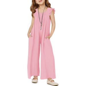 Haloumoning Girls Wide Leg Loose Jumpsuit Kids Casual Ruffle Sleeve Round Neck Romper with Pockets 5-14 Years(Pink)