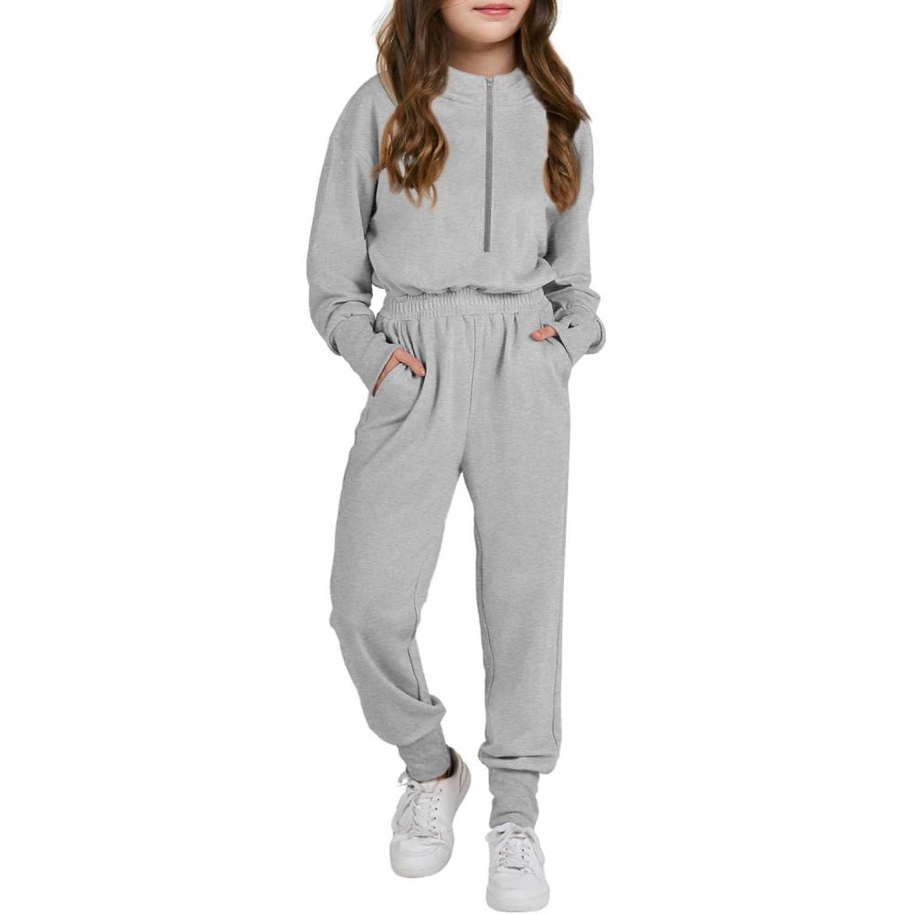 imageHaloumoning Girls Casual Jumpsuits Long Sleeve Hoodie Rompers Long Onesie with Pockets 414 TGrey Marle