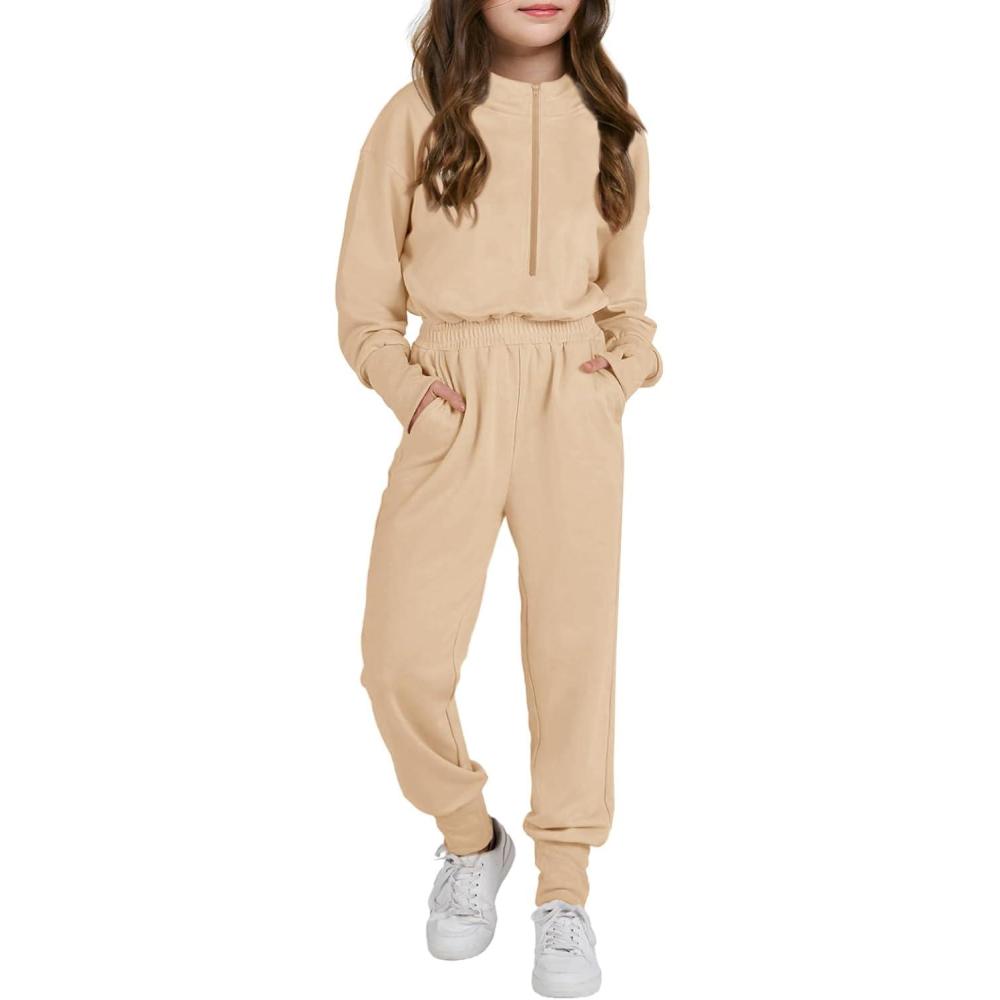 imageHaloumoning Girls Casual Jumpsuits Long Sleeve Hoodie Rompers Long Onesie with Pockets 414 TKhaki