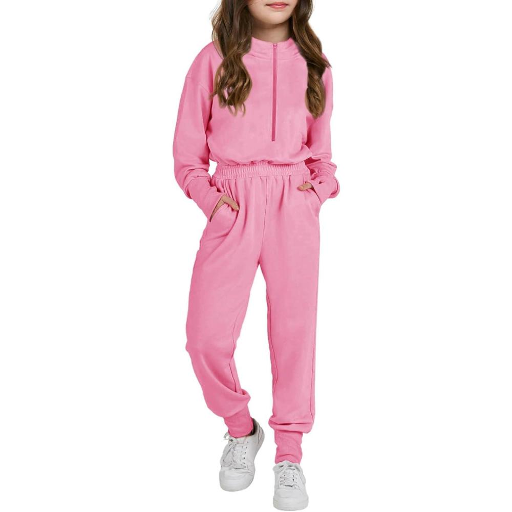 imageHaloumoning Girls Casual Jumpsuits Long Sleeve Hoodie Rompers Long Onesie with Pockets 414 TPink