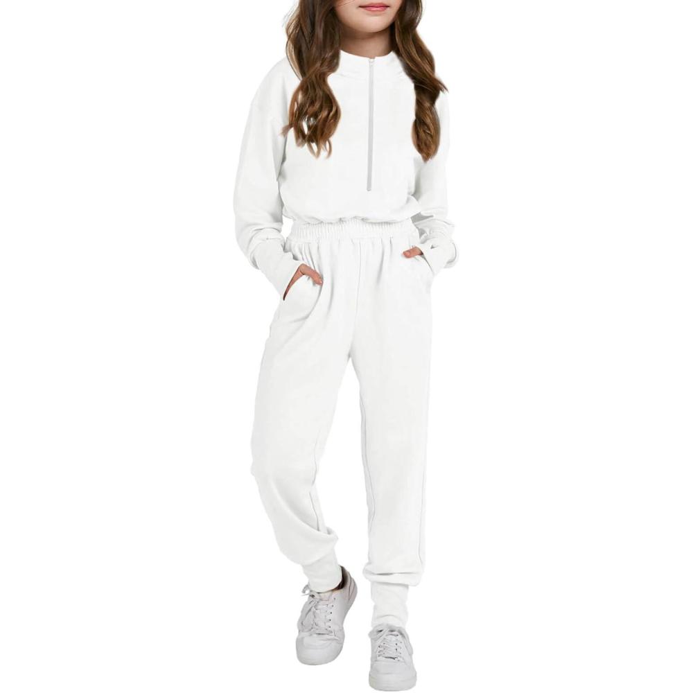 imageHaloumoning Girls Casual Jumpsuits Long Sleeve Hoodie Rompers Long Onesie with Pockets 414 TWhite