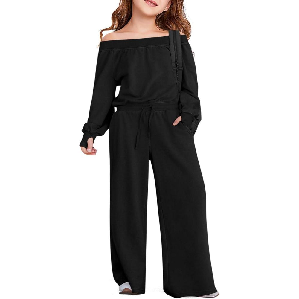 imageHaloumoning Girls Casual Jumpsuits Long Sleeve Off the Shoulder Wide Leg Loose Rompers with Pockets 514 YearsBlack