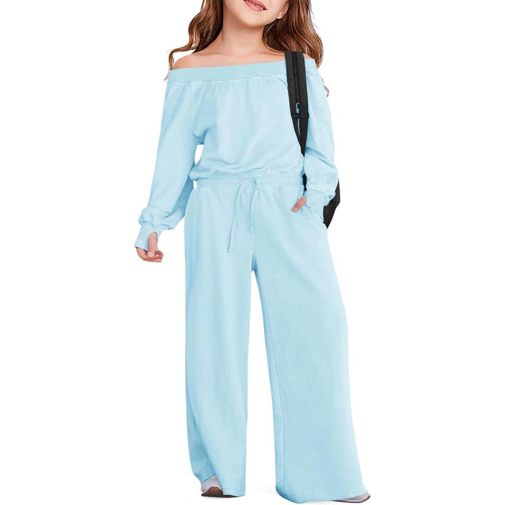imageHaloumoning Girls Casual Jumpsuits Long Sleeve Off the Shoulder Wide Leg Loose Rompers with Pockets 514 YearsBlue