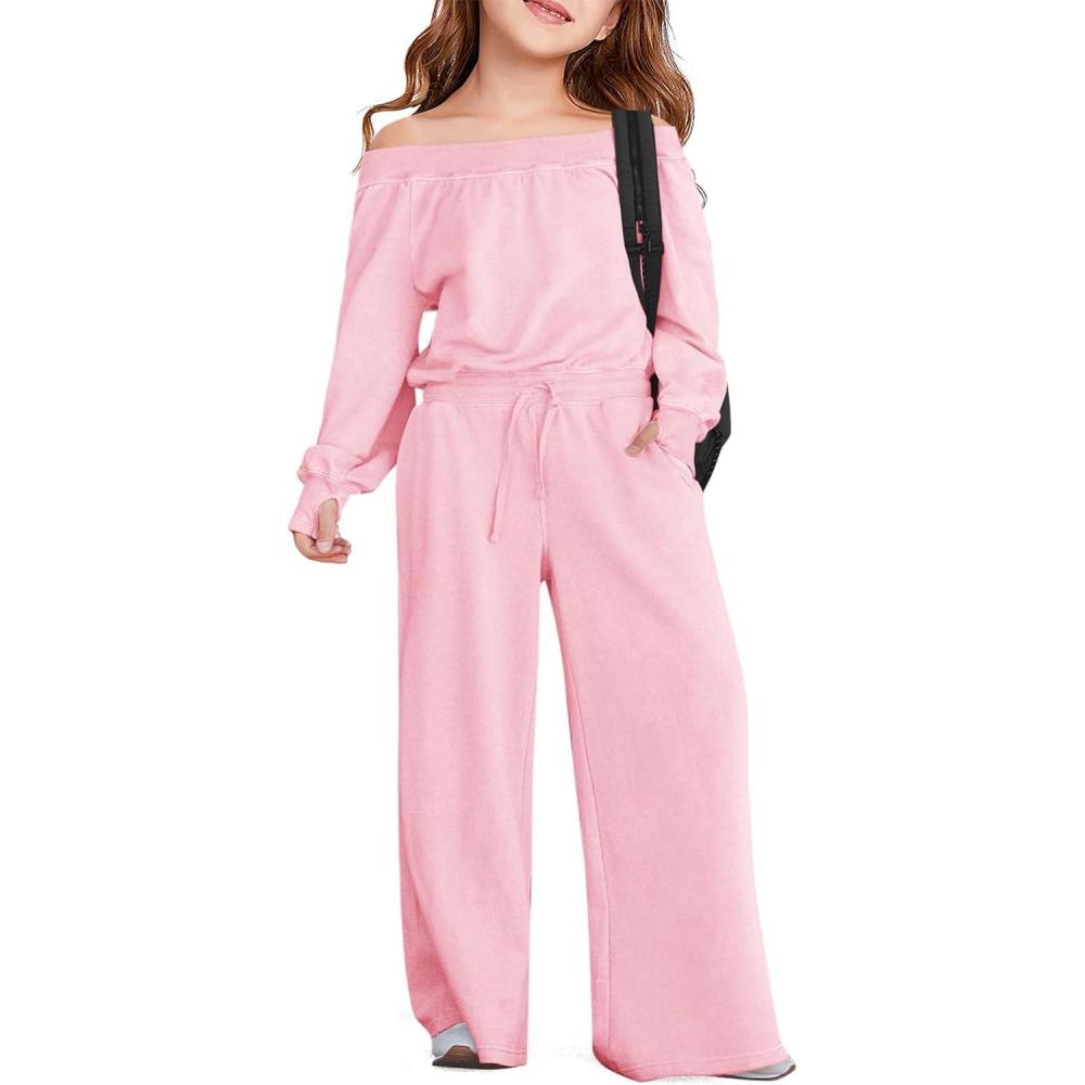 imageHaloumoning Girls Casual Jumpsuits Long Sleeve Off the Shoulder Wide Leg Loose Rompers with Pockets 514 YearsPink