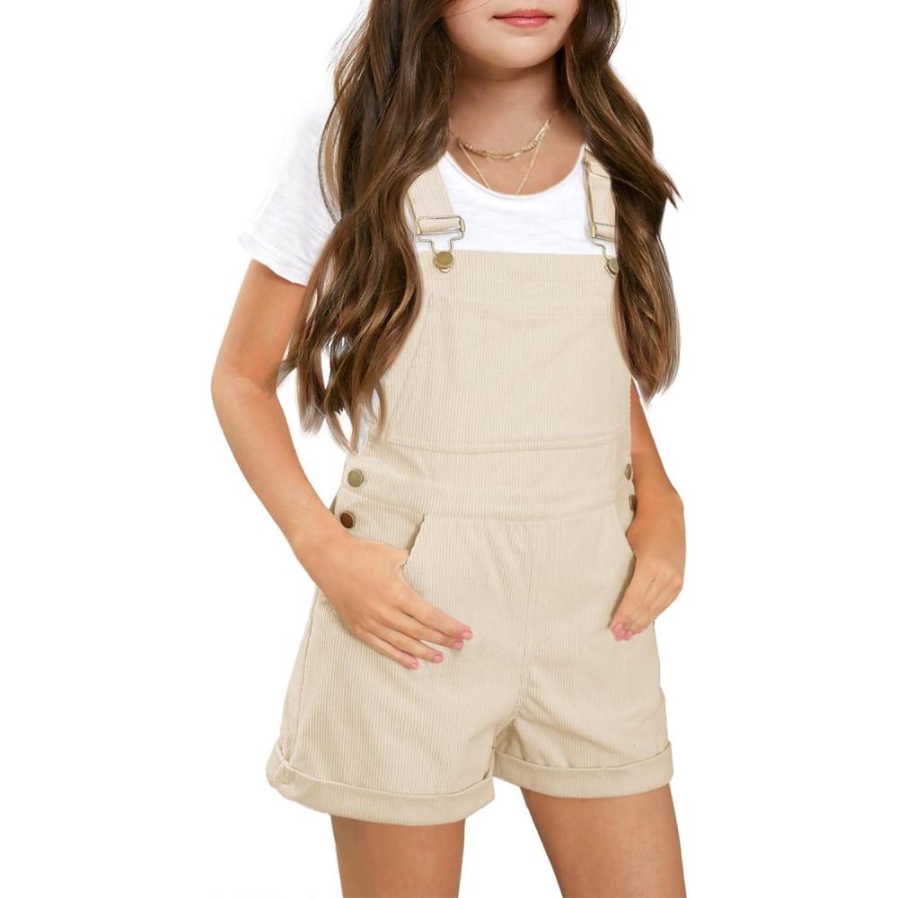 imageHaloumoning Girls Corduroy Overall Shorts Kids Cute Romper Shortalls with Pockets 514 YearsApricot