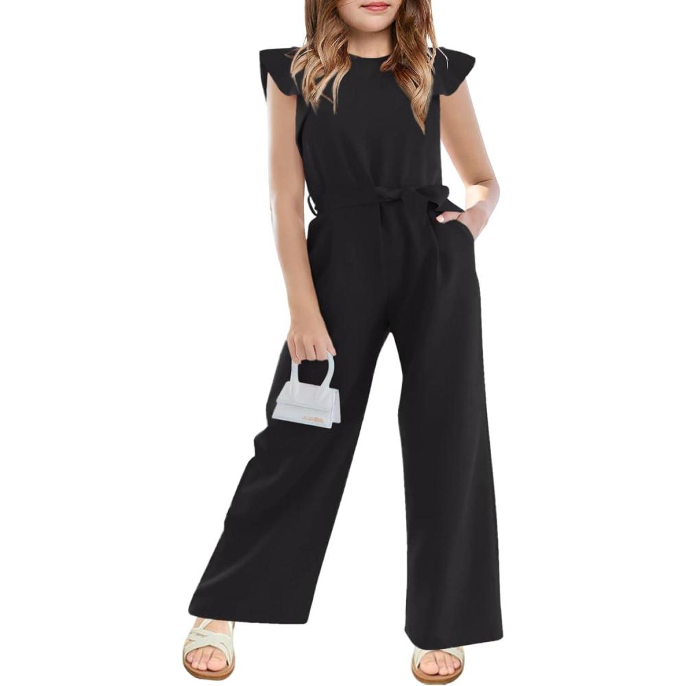 imageHaloumoning Girls Jumpsuit Kids Fashion Cap Sleeve Belted Wide Leg Romper One Piece Summer OutfitsBlack